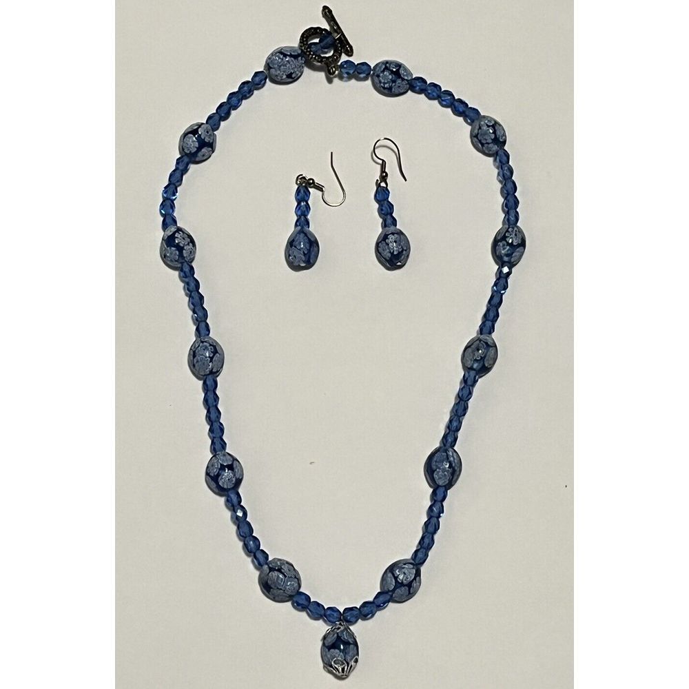 Handmade Blue Glass Bead + Large Glass Bead W/ Flower Design Necklace & Earrings